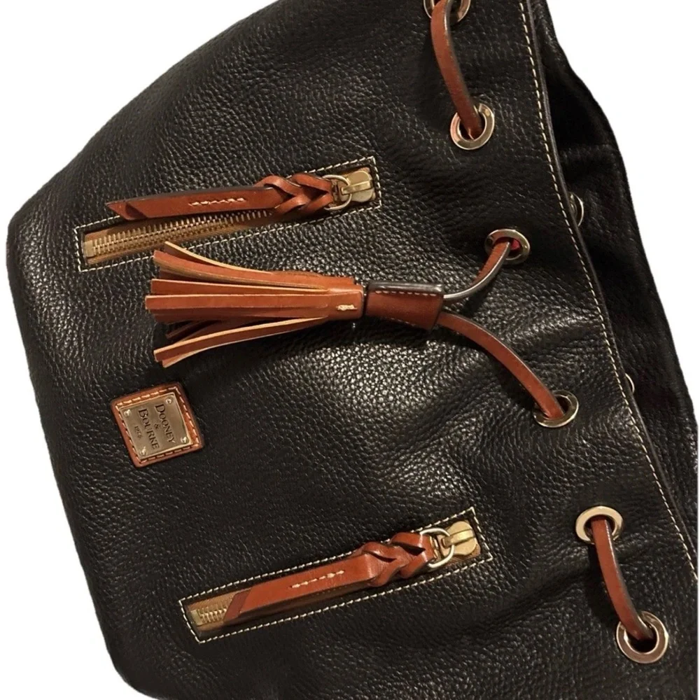 Dooney & Bourke Black Pebbled Leather Drawstring Bucket Bag with Brown Trim - Picture 3 of 11